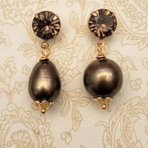Natural Brown Smoky Quartz 3.4 TW Carats  & Chocolate Pearl Earrings Gold Plated